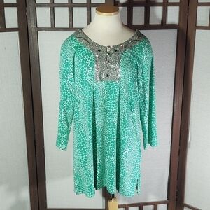 Soft Surroundings Green and White Scale Print Beaded Tunic Top Sz XL